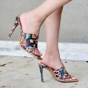 Women's Print Color Roman Stud Quilted Slide High Heel Sandals